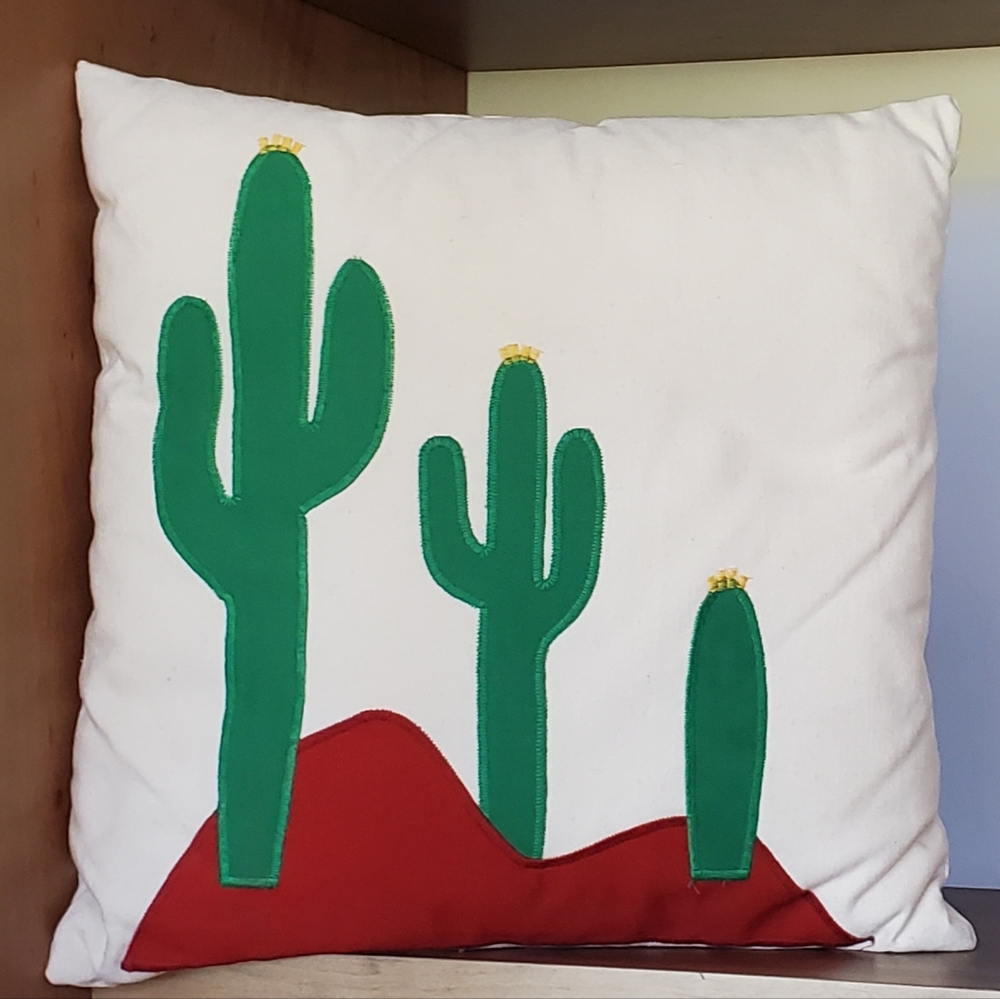 Cotton Canvas Southwest Desert Cactus Embroidered Pillow, 13.5", LIKE NEW